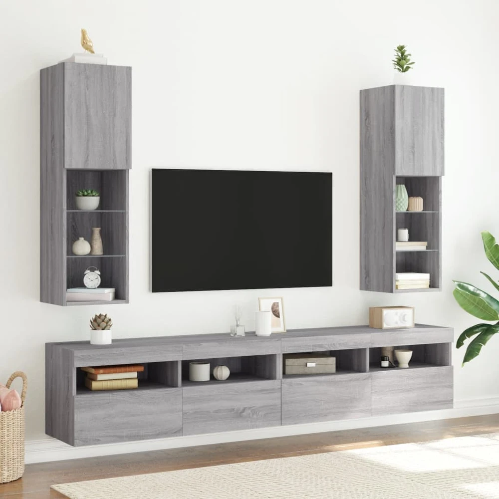 TV staliukas TV spintelė su LED lemputėmis, pilka ąžuolo, 30,5x30x102cm