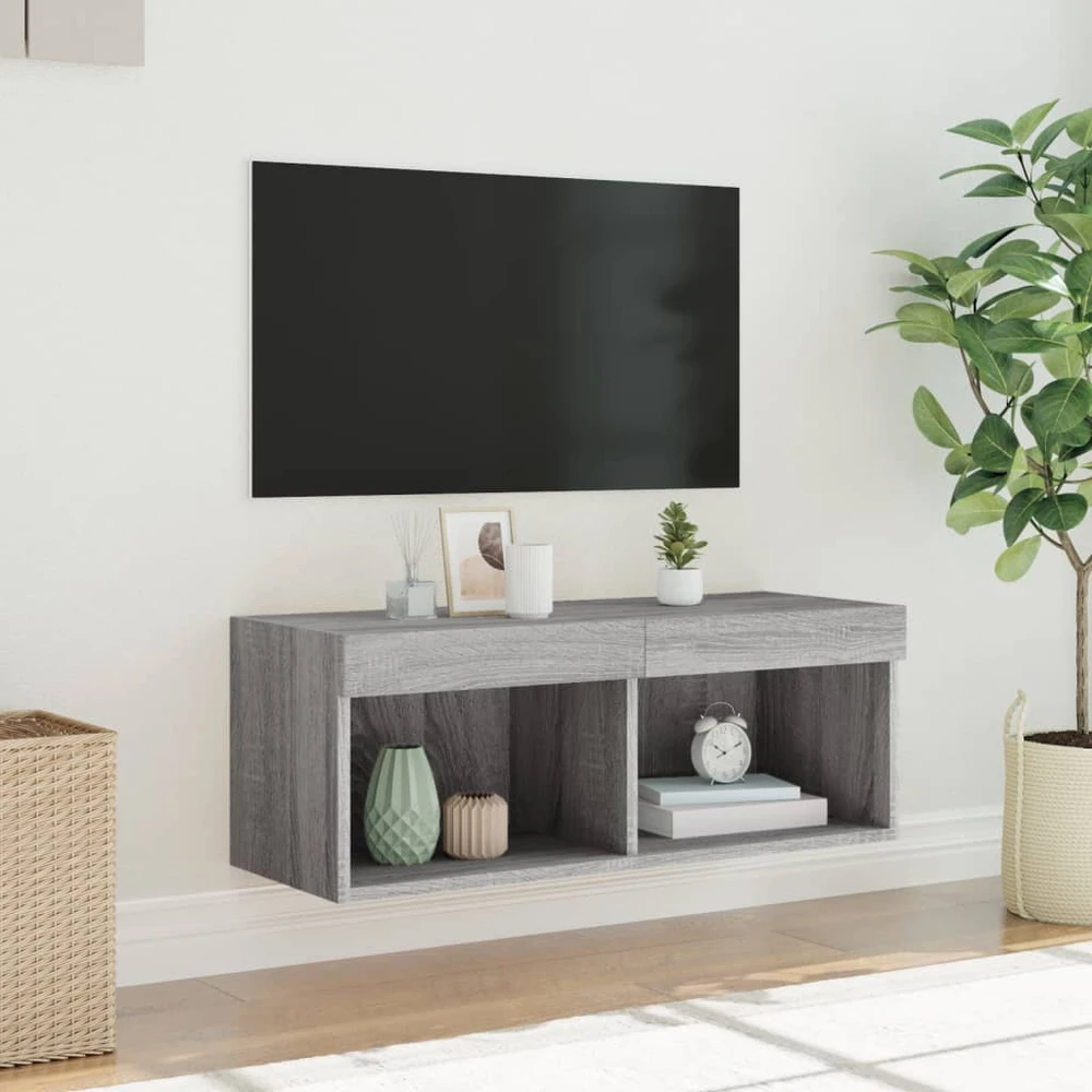 TV staliukas TV spintelė su LED lemputėmis, pilka ąžuolo, 80x30x30cm
