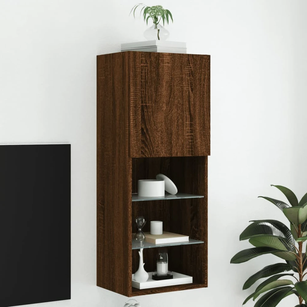 TV staliukas TV spintelė su LED lemputėmis, ruda ąžuolo, 40,5x30x102cm