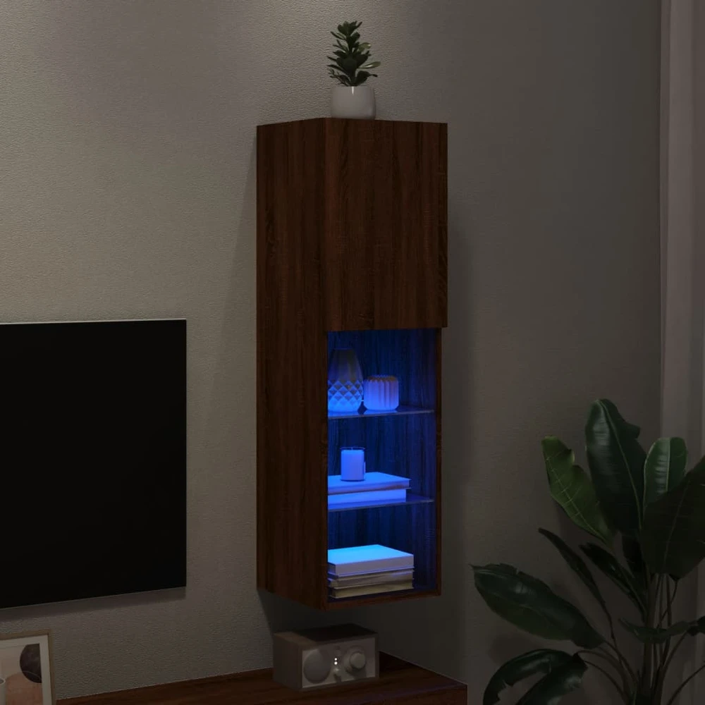 TV staliukas TV spintelė su LED lemputėmis, ruda ąžuolo, 30,5x30x102cm