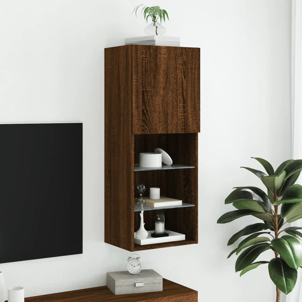 TV staliukas TV spintelė su LED lemputėmis, ruda ąžuolo, 40,5x30x102cm