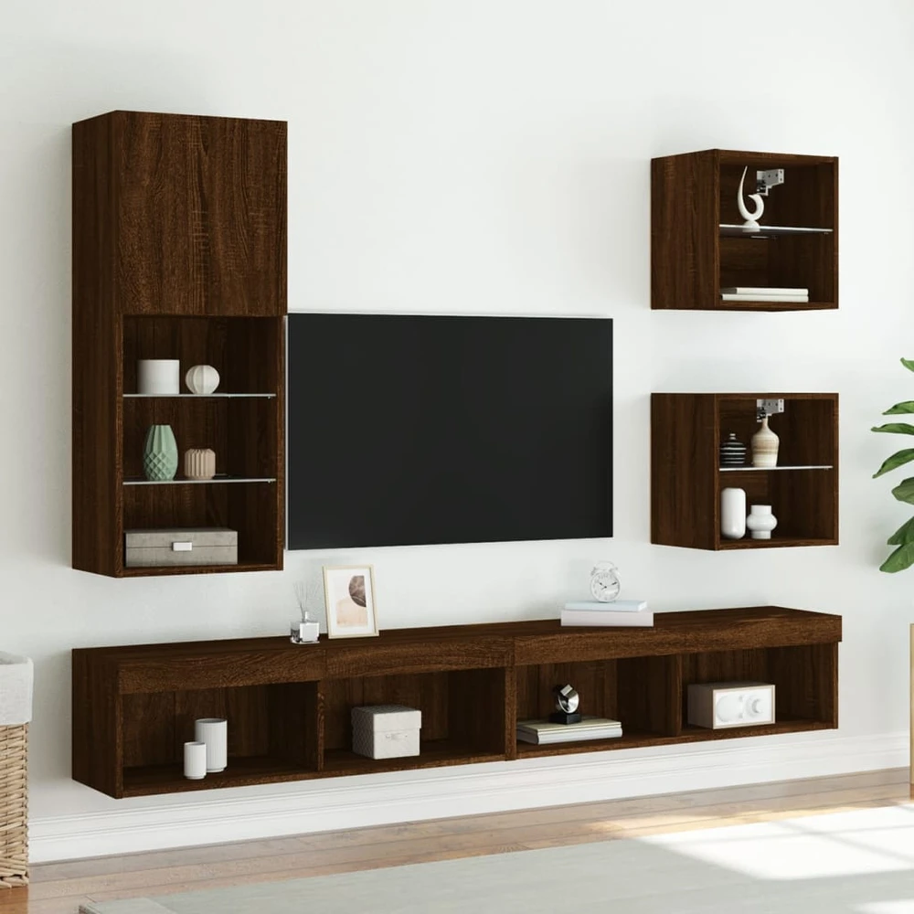 TV staliukas TV spintelė su LED lemputėmis, ruda ąžuolo, 40,5x30x102cm