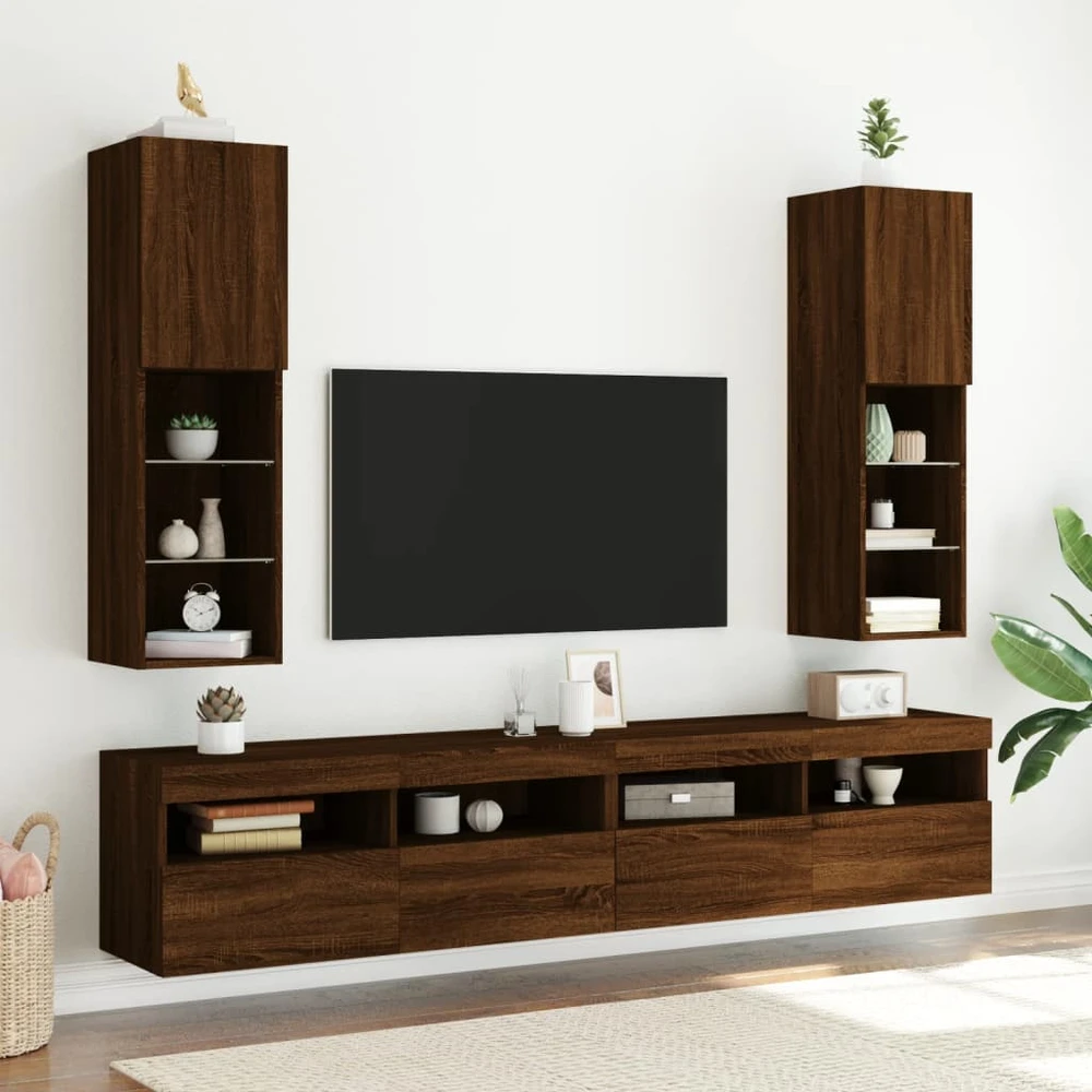TV staliukas TV spintelė su LED lemputėmis, ruda ąžuolo, 30,5x30x102cm