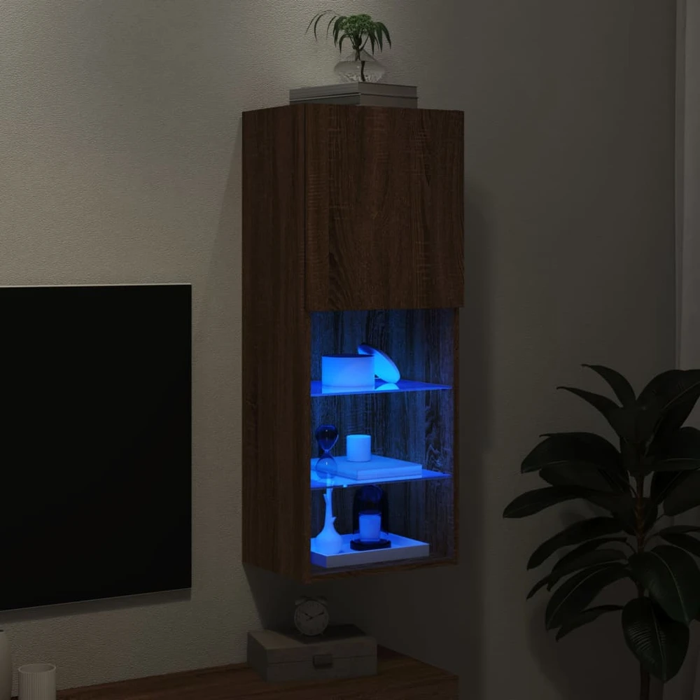TV staliukas TV spintelė su LED lemputėmis, ruda ąžuolo, 40,5x30x102cm