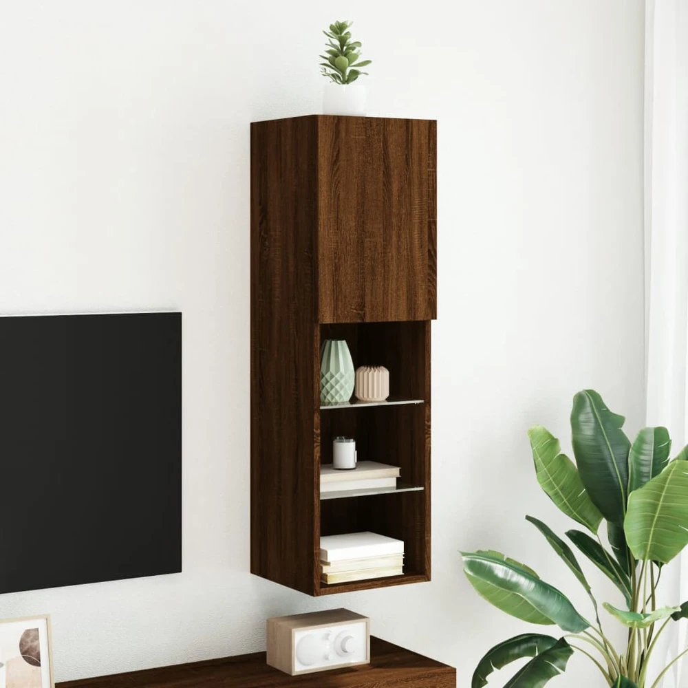 TV staliukas TV spintelė su LED lemputėmis, ruda ąžuolo, 30,5x30x102cm