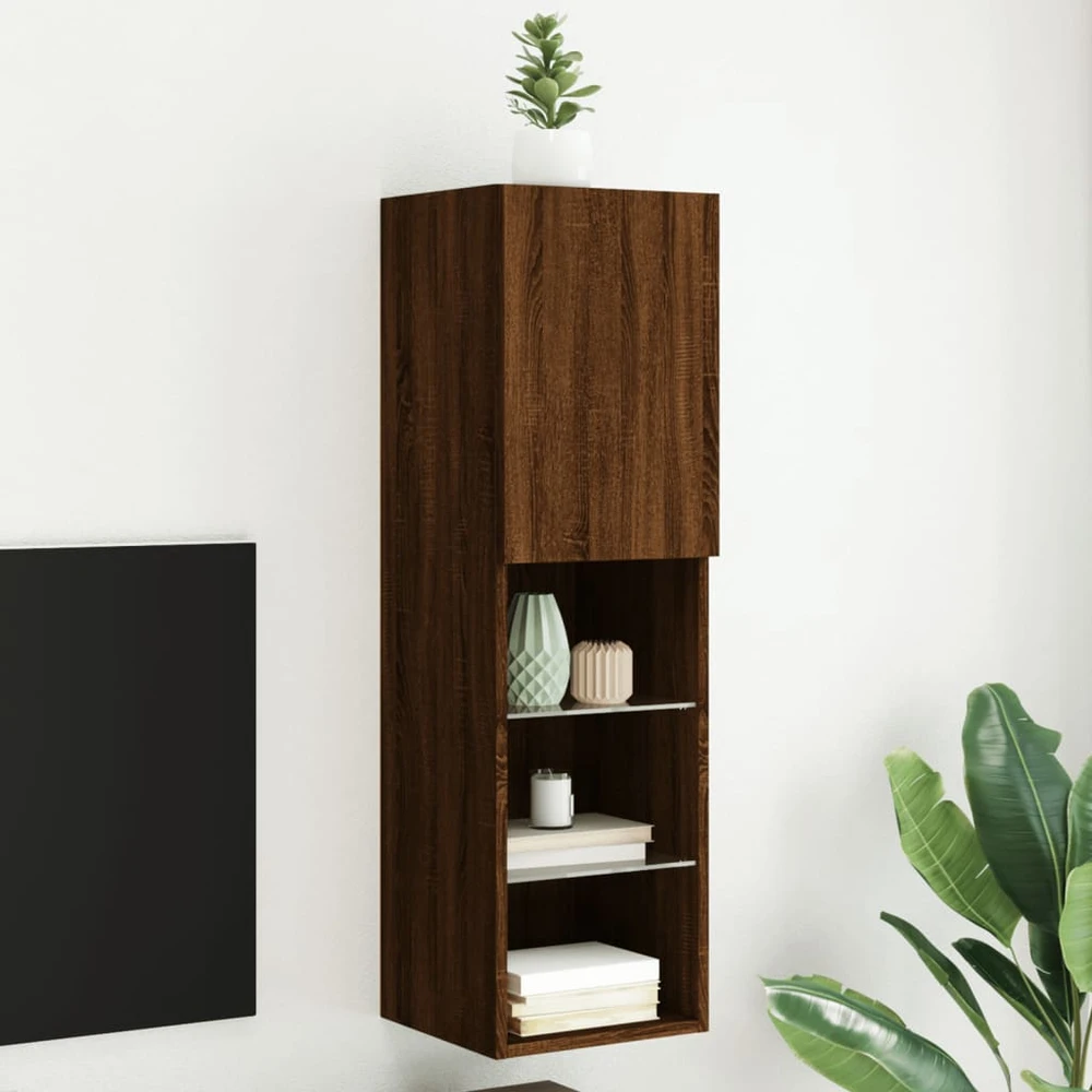 TV staliukas TV spintelė su LED lemputėmis, ruda ąžuolo, 30,5x30x102cm