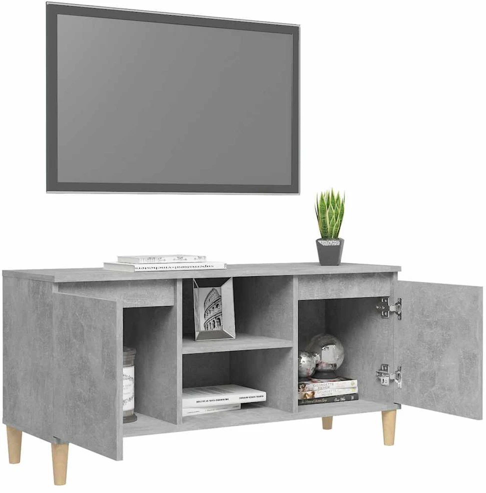 TV staliukas TV spintelė su medinėmis kojelėmis, betono pilka, 103,5x35x50cm