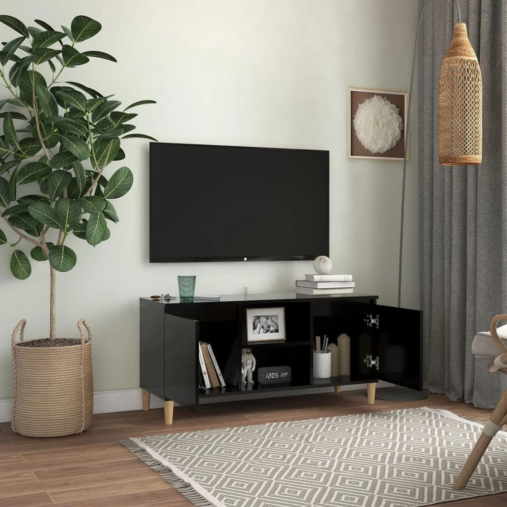 TV staliukas TV spintelė su medinėmis kojelėmis, juoda, 103,5x35x50cm
