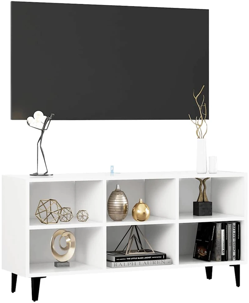 TV staliukas TV spintelė su metalinėmis kojelėmis, balta, 103,5x30x50cm