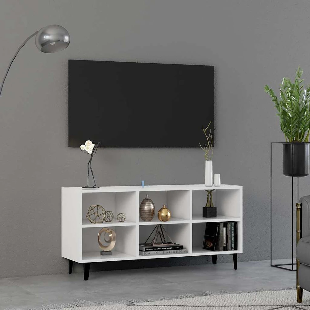 TV staliukas TV spintelė su metalinėmis kojelėmis, balta, 103,5x30x50cm