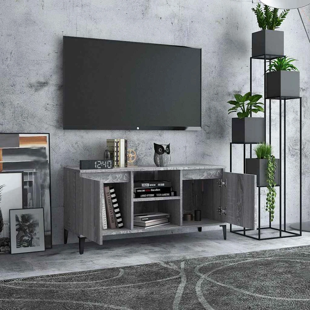 TV staliukas TV spintelė su metalinėmis kojomis, pilka ąžuolo, 103,5x35x50cm