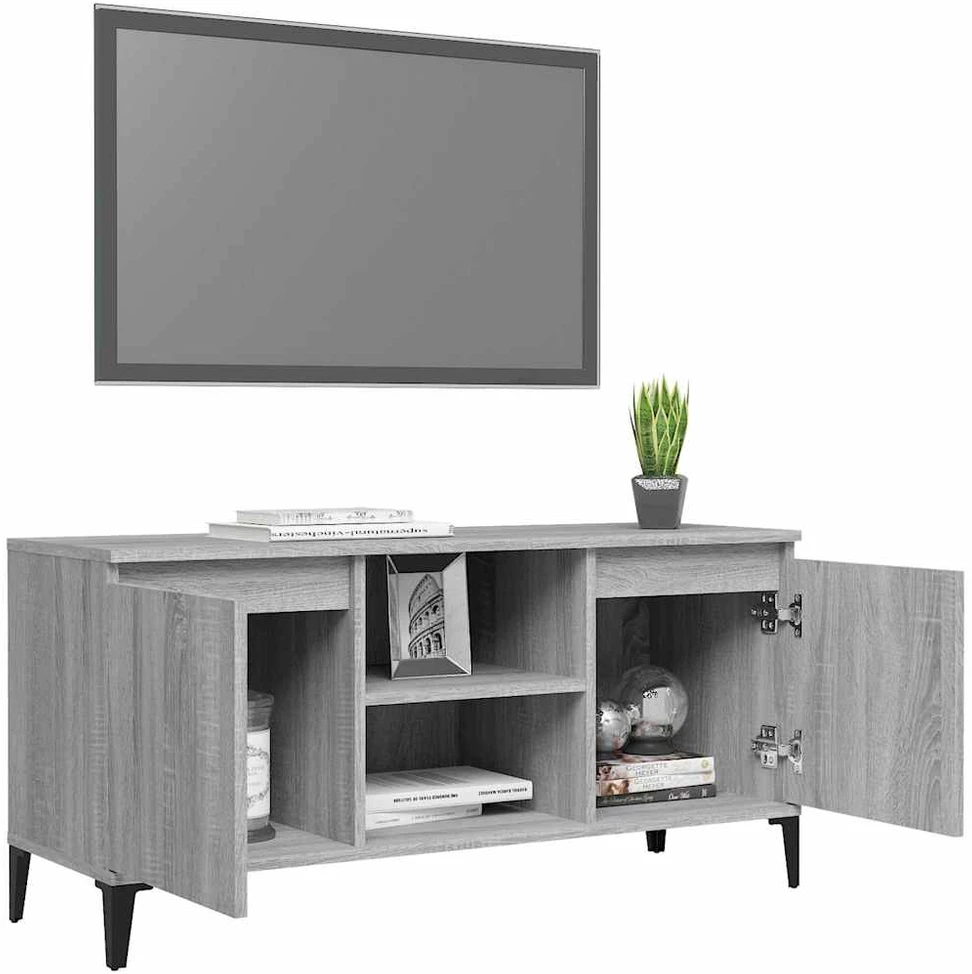 TV staliukas TV spintelė su metalinėmis kojomis, pilka ąžuolo, 103,5x35x50cm