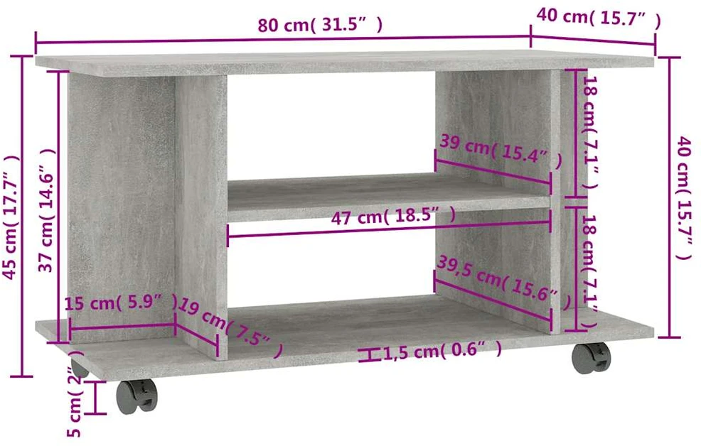 TV staliukas TV spintelė su ratukais, betono pilkos sp., 80x40x45cm, mediena