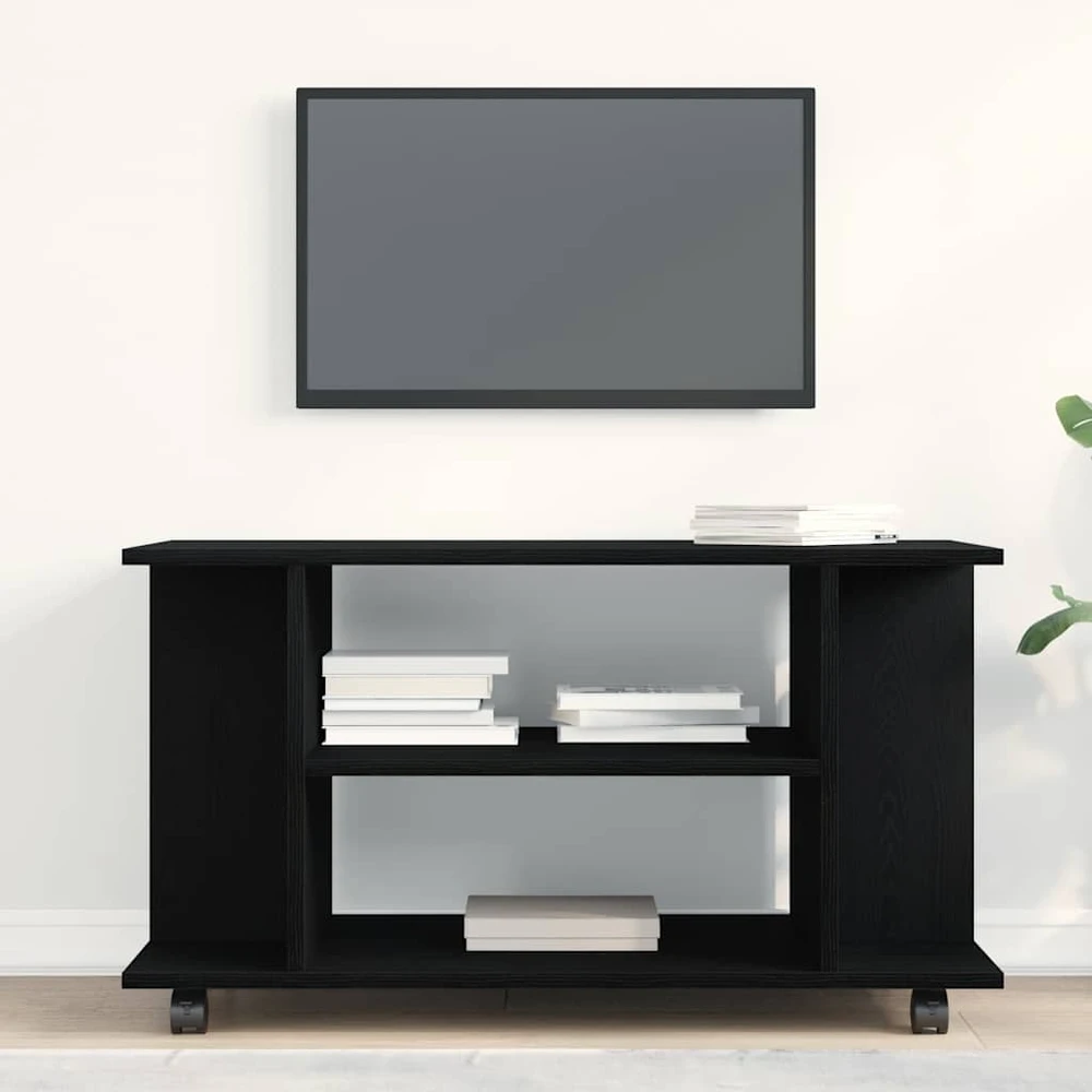 TV staliukas TV spintelė su ratukais, juodo ąžuolo spalvos, 80x40x45 cm, inžinerinė mediena
