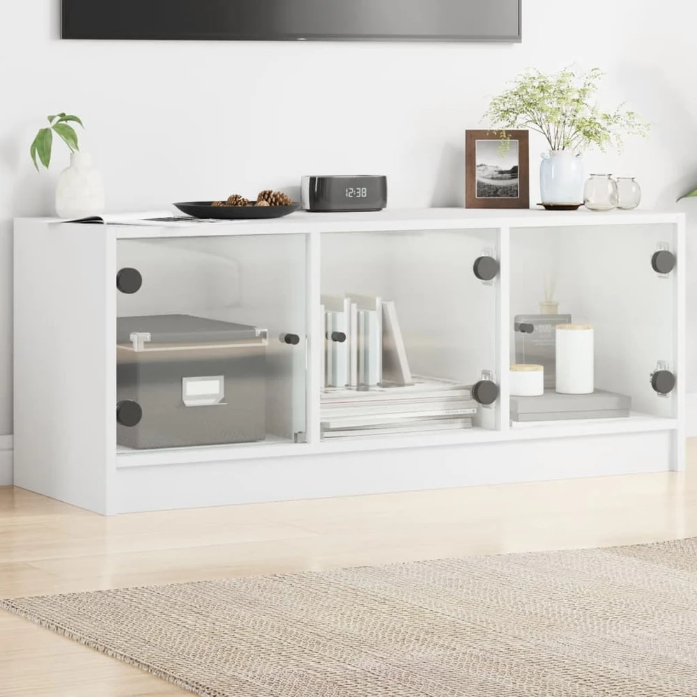 TV staliukas TV spintelė su stiklinėmis durelėmis, balta, 102x37x42cm