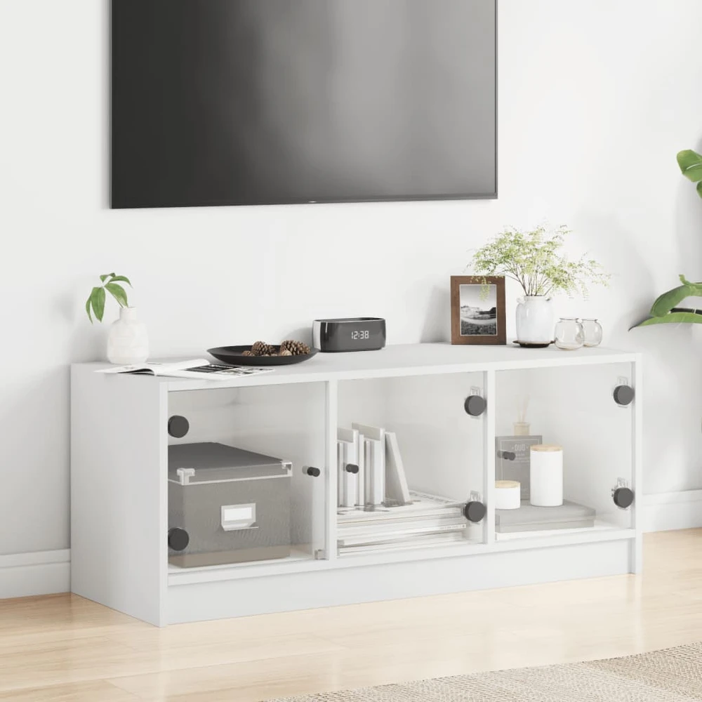 TV staliukas TV spintelė su stiklinėmis durelėmis, balta, 102x37x42cm