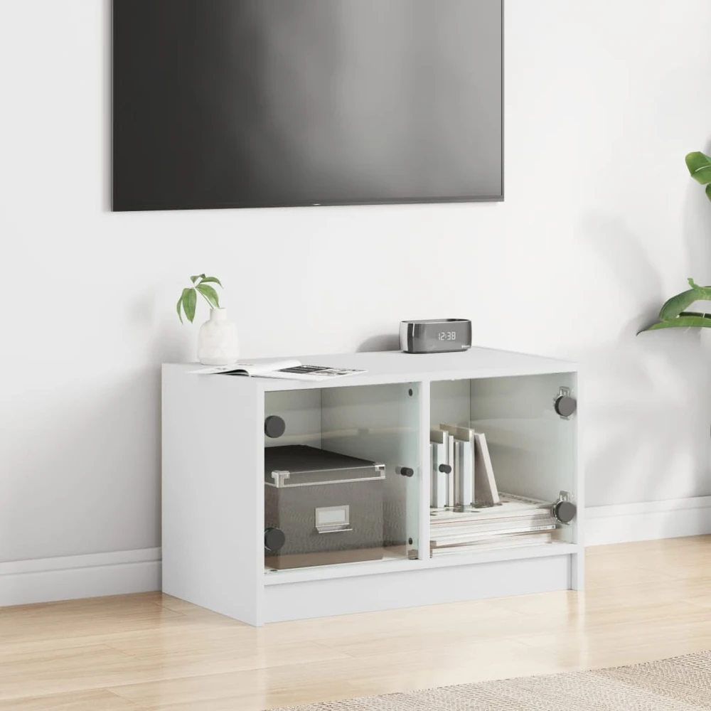 TV staliukas TV spintelė su stiklinėmis durelėmis, balta, 68x37x42cm