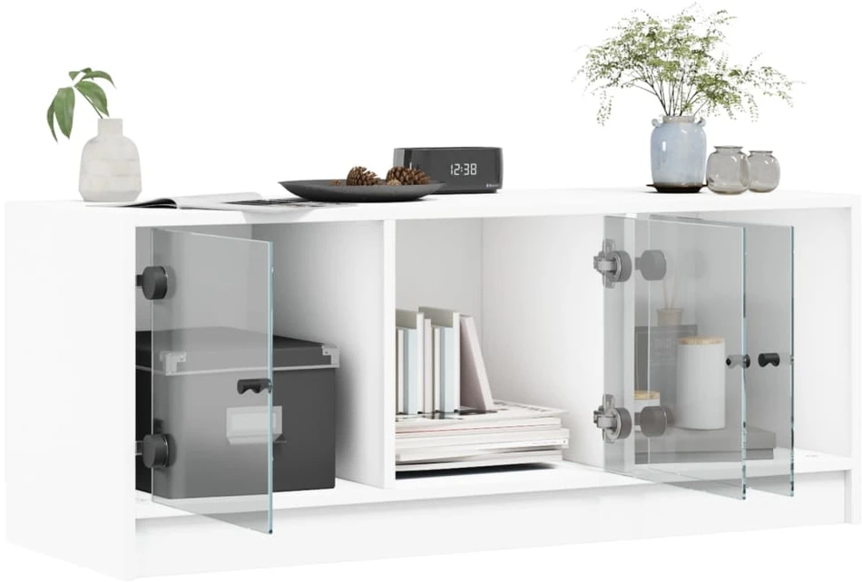 TV staliukas TV spintelė su stiklinėmis durelėmis, balta, 102x37x42cm