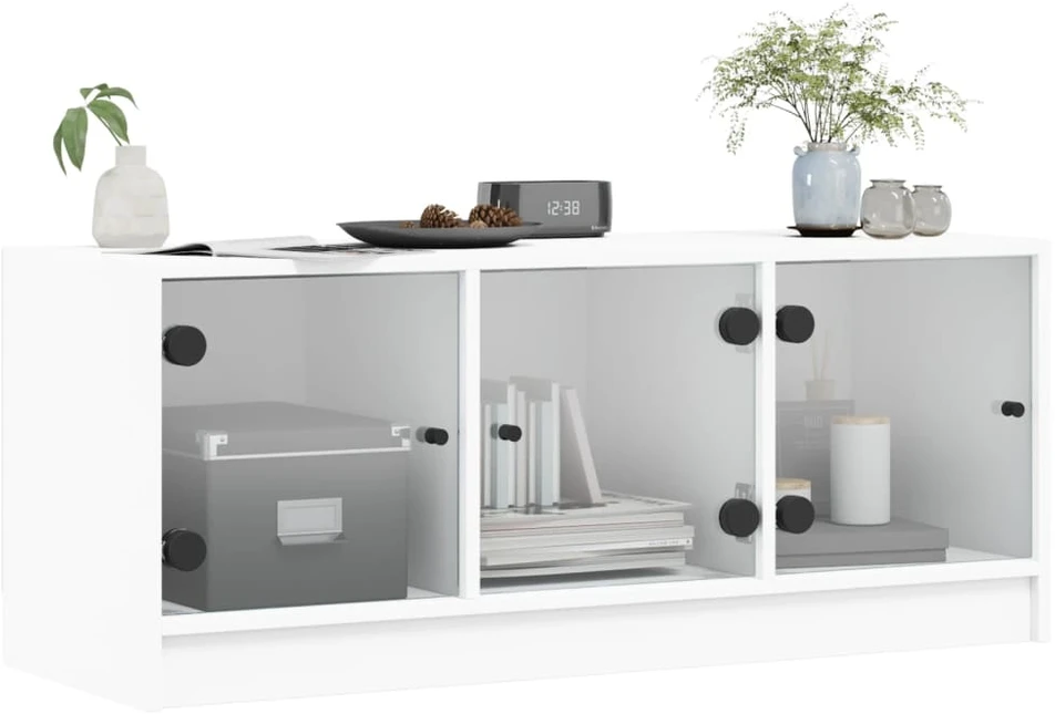 TV staliukas TV spintelė su stiklinėmis durelėmis, balta, 102x37x42cm