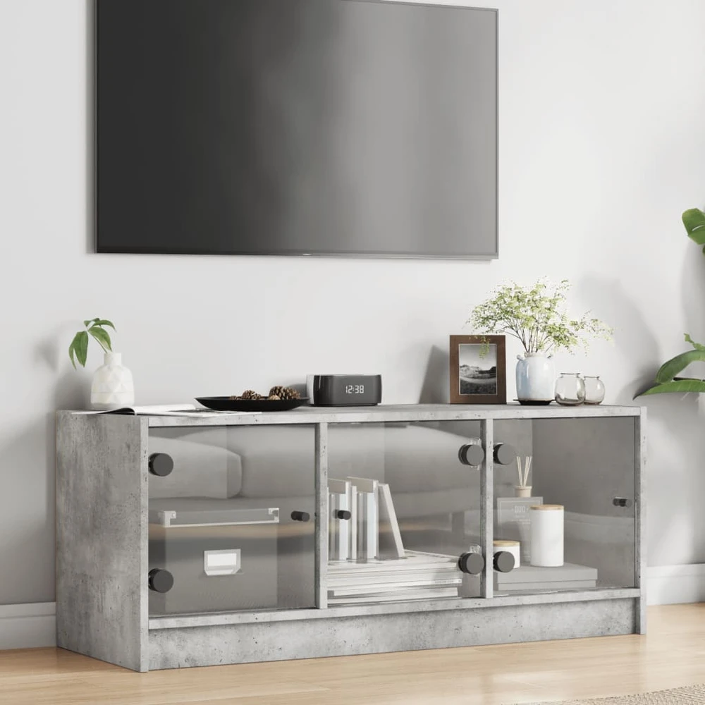 TV staliukas TV spintelė su stiklinėmis durelėmis, betono, 102x37x42cm