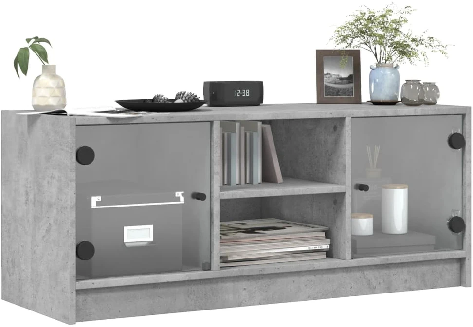 TV staliukas TV spintelė su stiklinėmis durelėmis, betono, 102x37x42cm