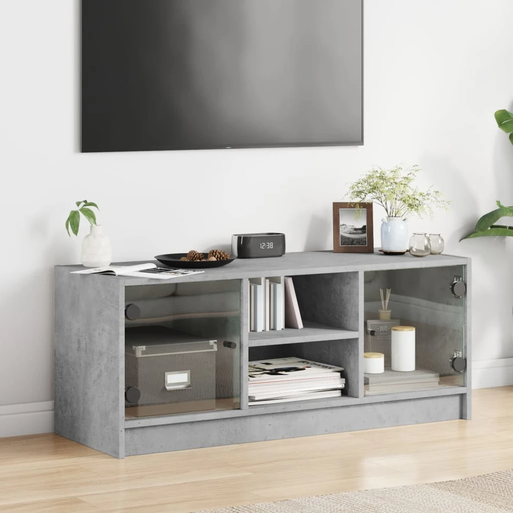 TV staliukas TV spintelė su stiklinėmis durelėmis, betono, 102x37x42cm