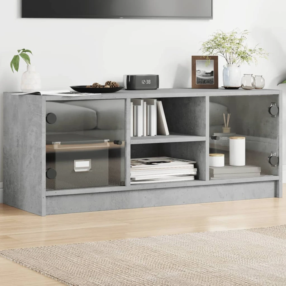 TV staliukas TV spintelė su stiklinėmis durelėmis, betono, 102x37x42cm