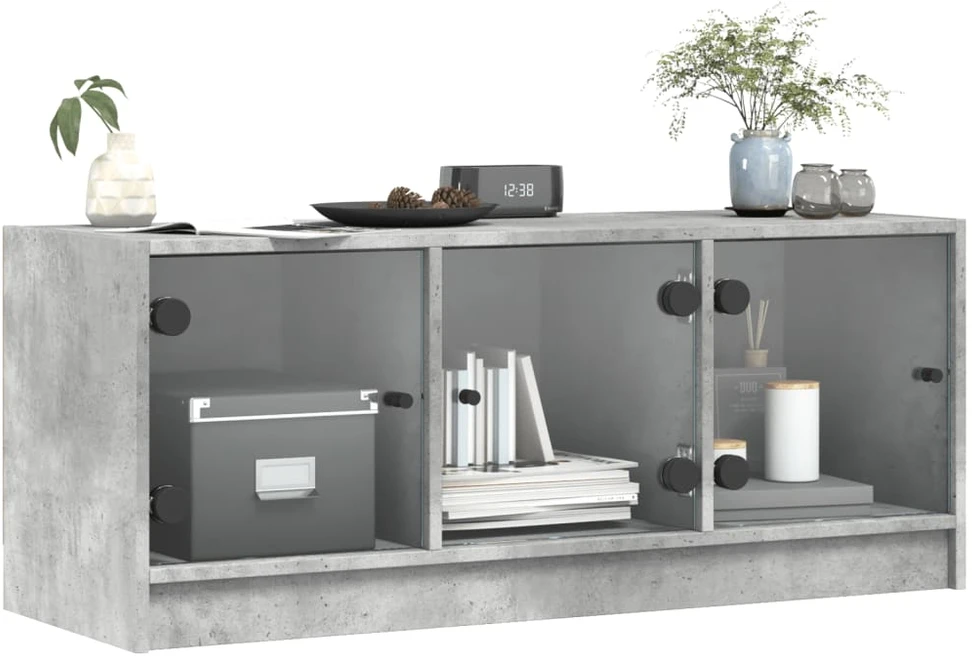 TV staliukas TV spintelė su stiklinėmis durelėmis, betono, 102x37x42cm