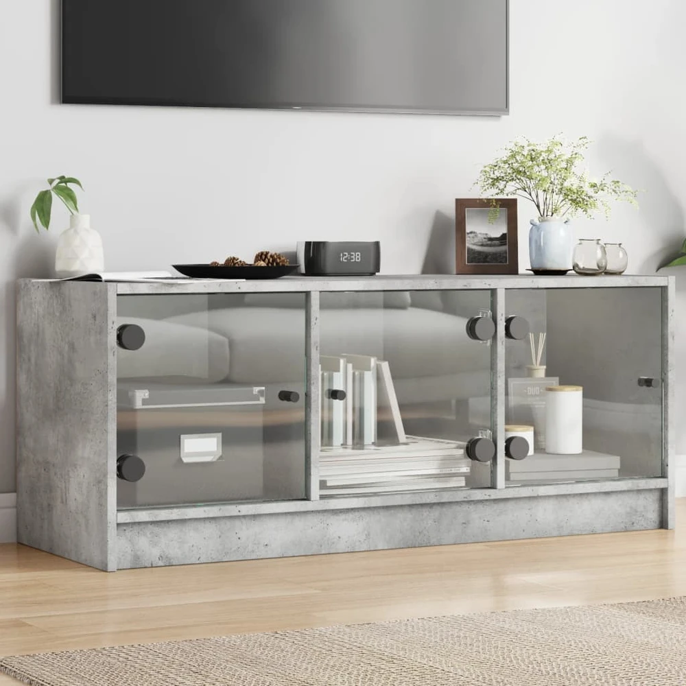 TV staliukas TV spintelė su stiklinėmis durelėmis, betono, 102x37x42cm