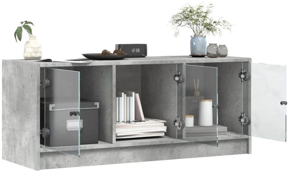 TV staliukas TV spintelė su stiklinėmis durelėmis, betono, 102x37x42cm