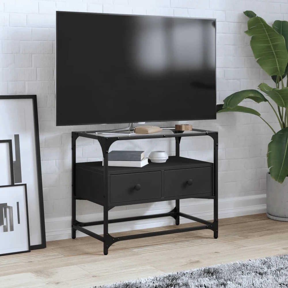 TV staliukas TV spintelė su stikliniu stalviršiu, juoda, 60x35x51cm, mediena