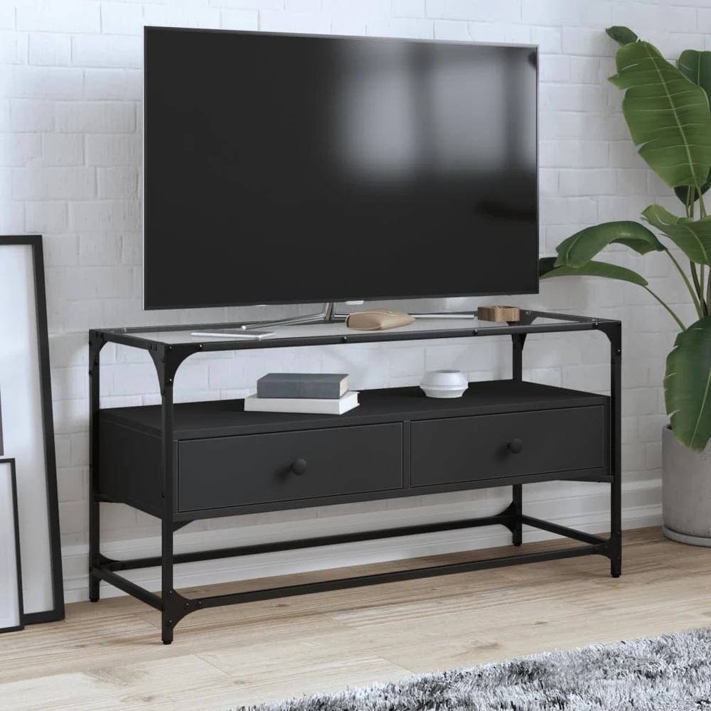 TV staliukas TV spintelė su stikliniu stalviršiu, juoda, 98x35x51cm, mediena