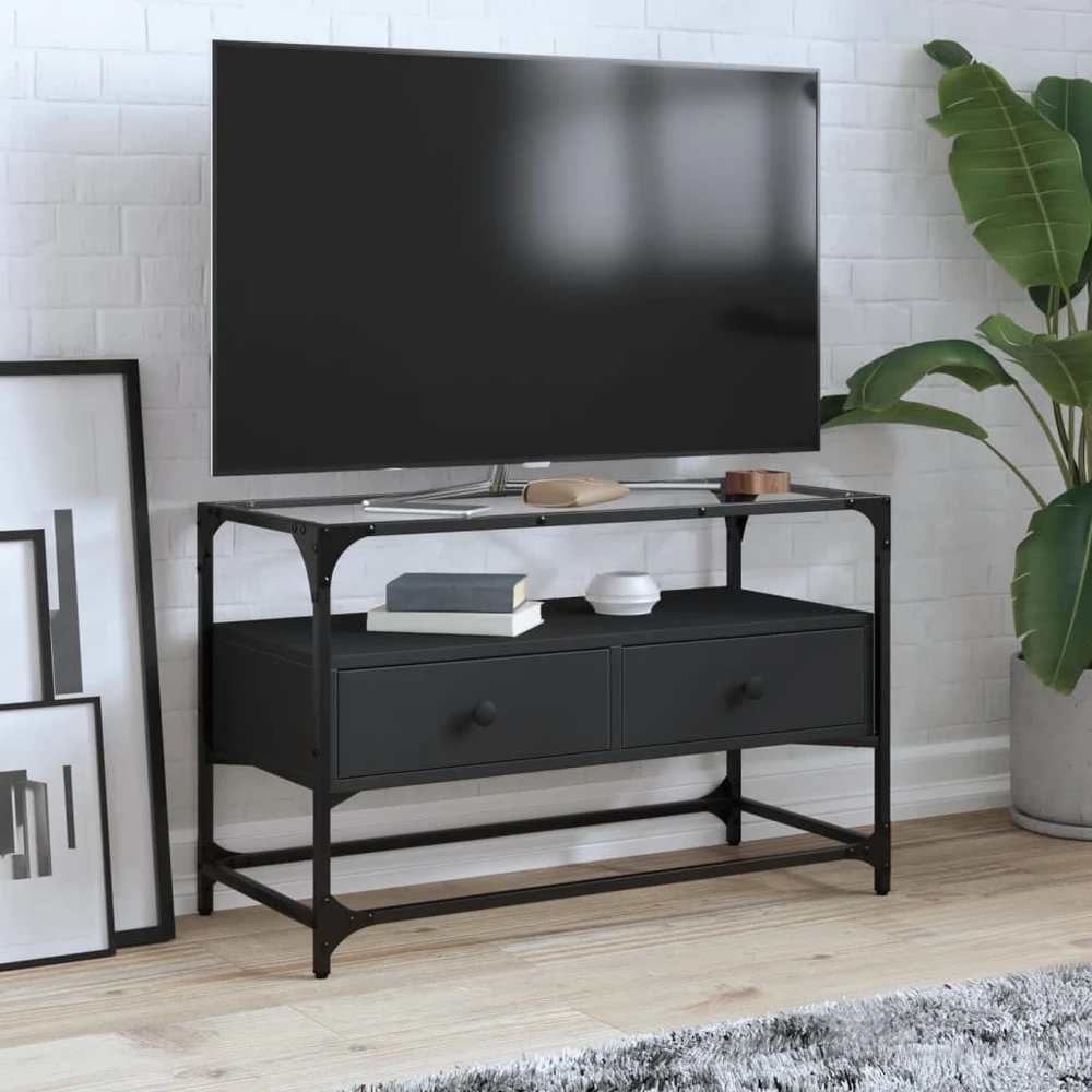 TV staliukas TV spintelė su stikliniu stalviršiu, juoda, 80x35x51cm, mediena