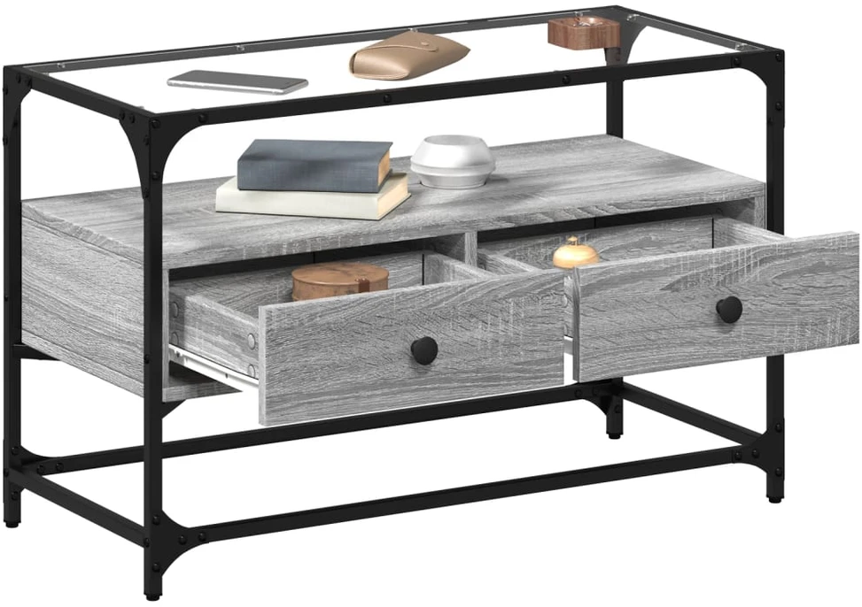 TV staliukas TV spintelė su stikliniu stalviršiu, pilka, 80x35x51cm, mediena