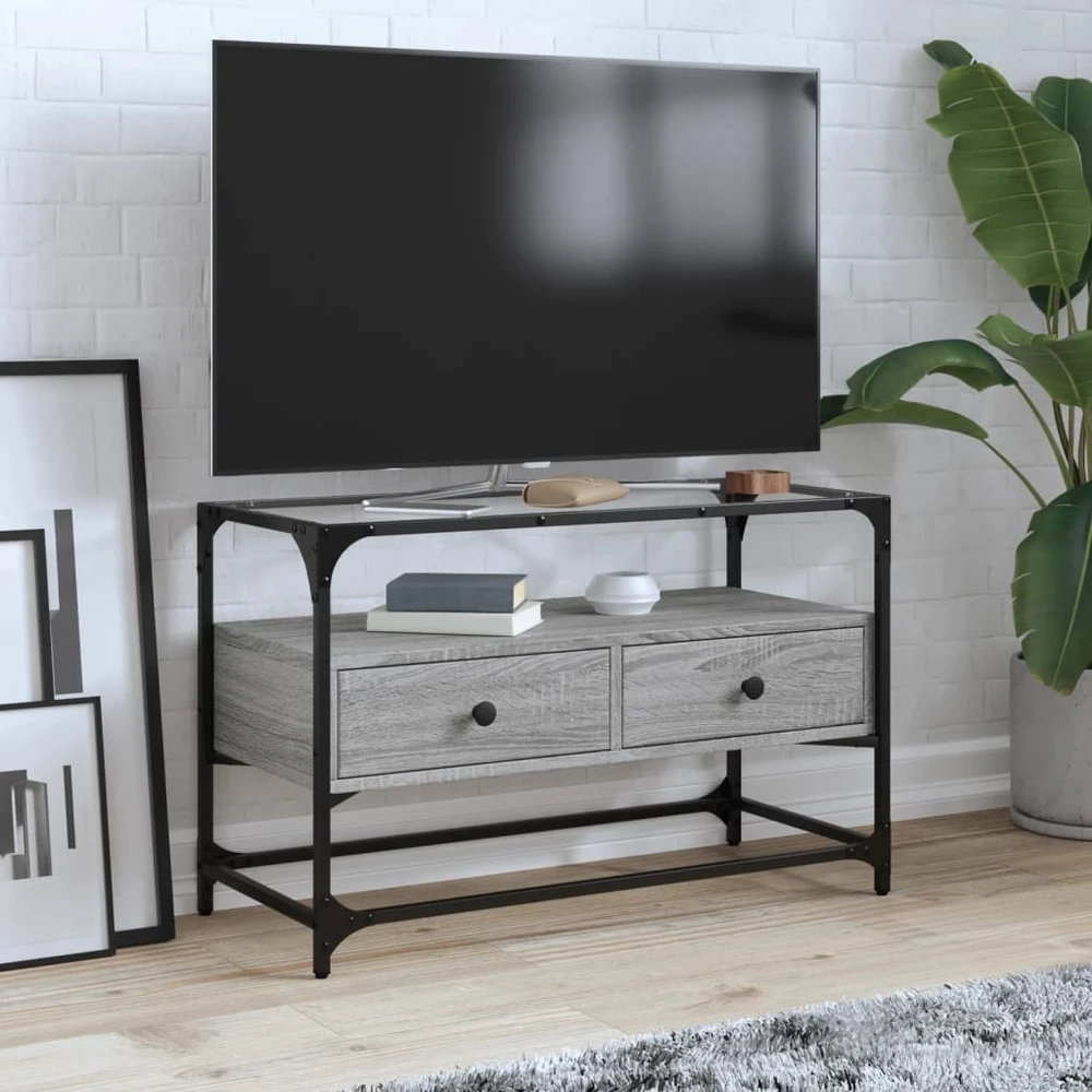 TV staliukas TV spintelė su stikliniu stalviršiu, pilka, 80x35x51cm, mediena