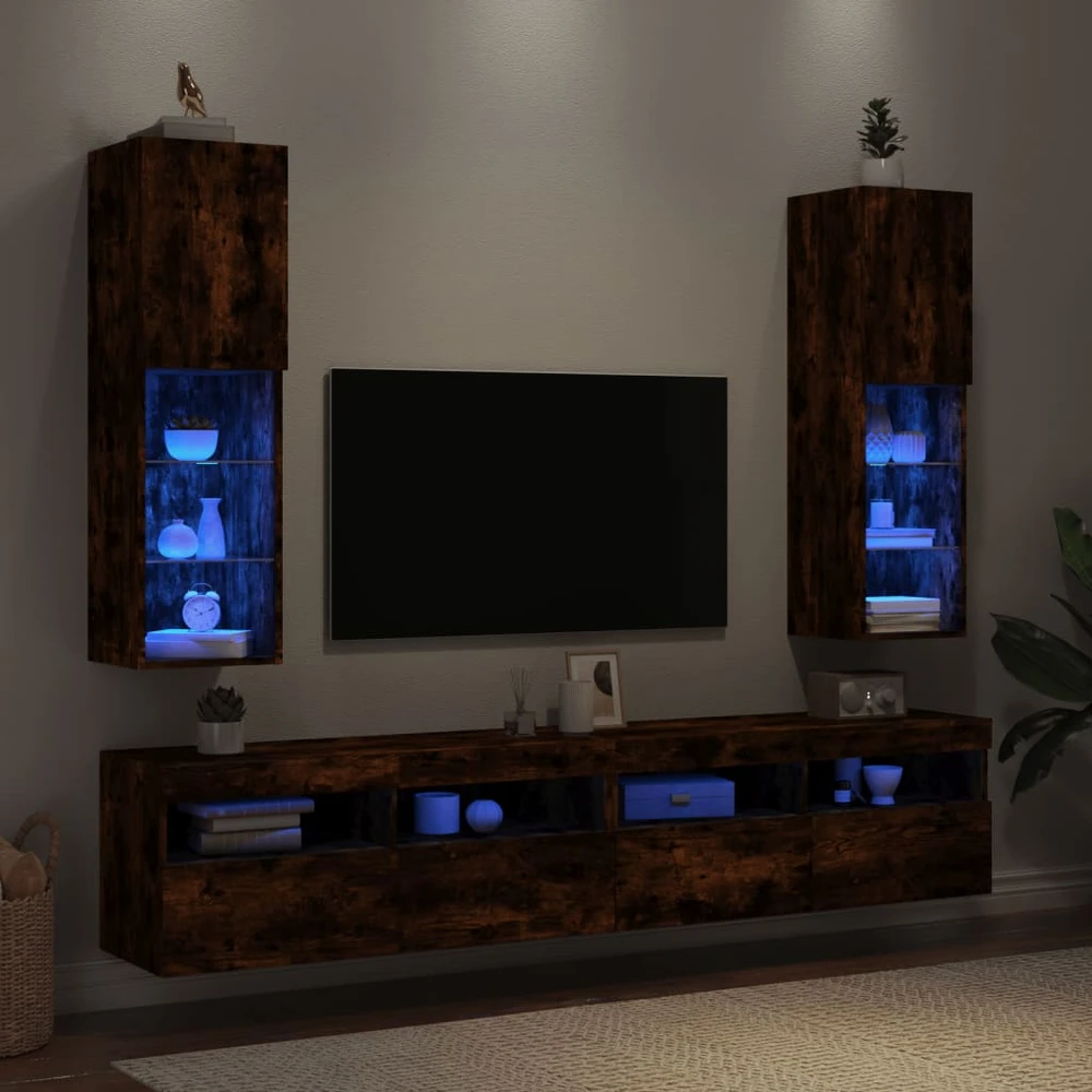 TV staliukas TV spintelės su LED, 2vnt., dūminio ąžuolo, 30,5x30x102cm