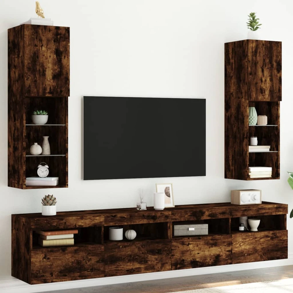 TV staliukas TV spintelės su LED, 2vnt., dūminio ąžuolo, 30,5x30x102cm