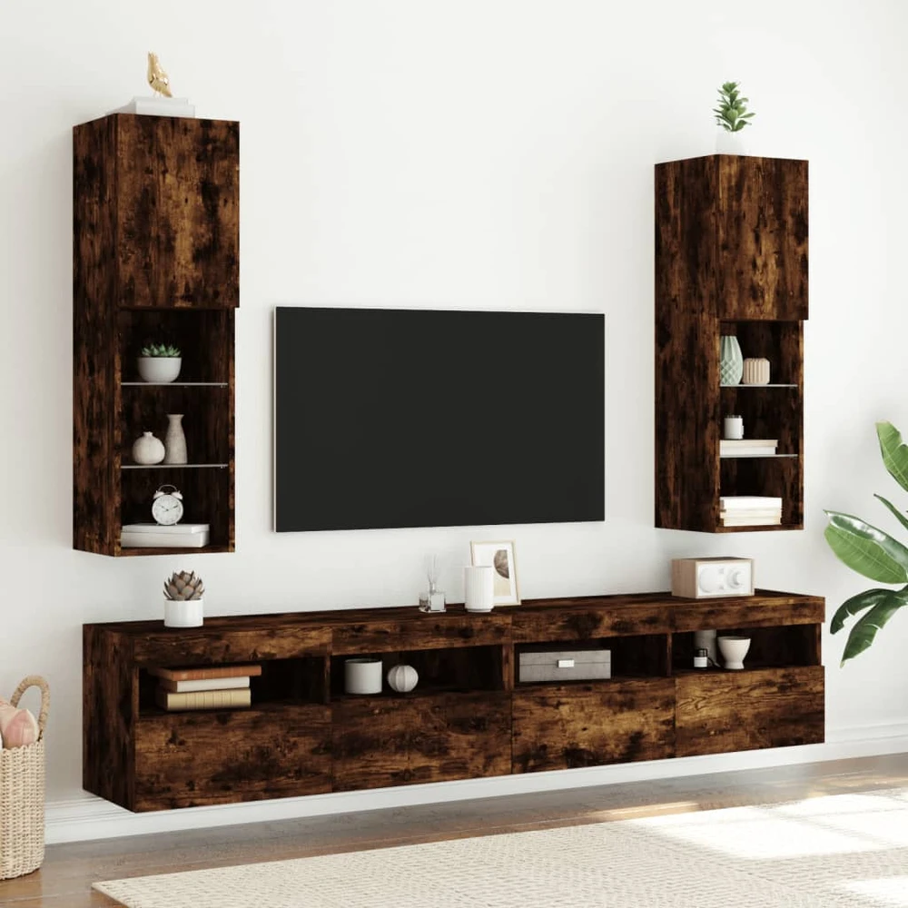 TV staliukas TV spintelės su LED, 2vnt., dūminio ąžuolo, 30,5x30x102cm