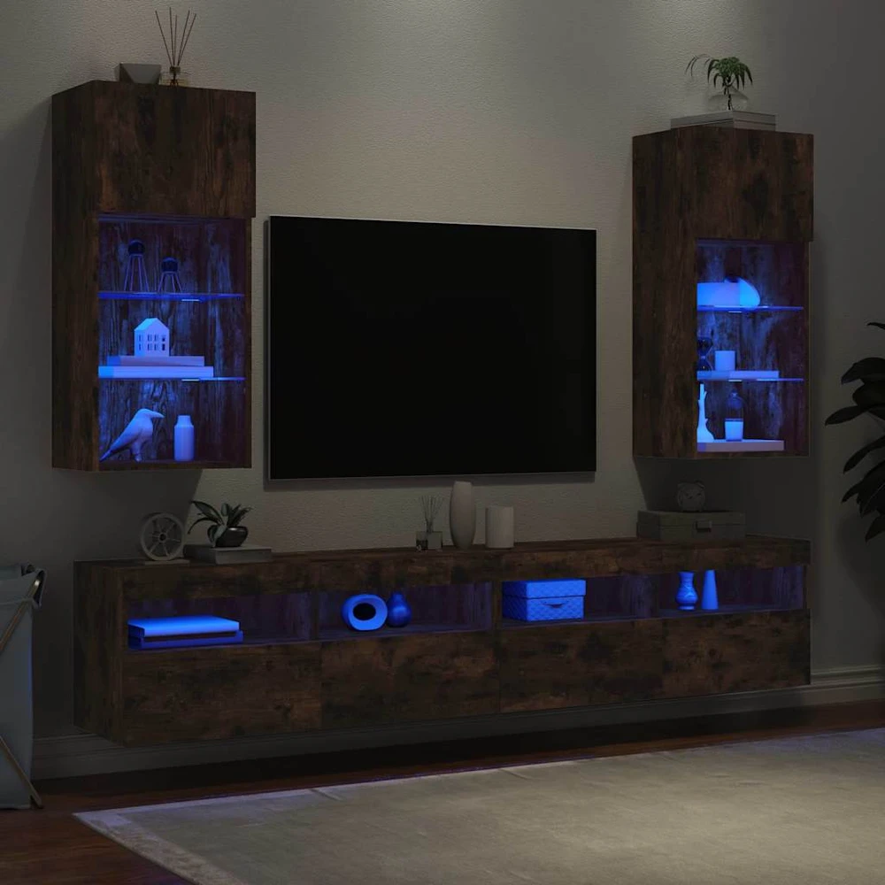 TV staliukas TV spintelės su LED, 2vnt., dūminio ąžuolo, 40,5x30x90cm