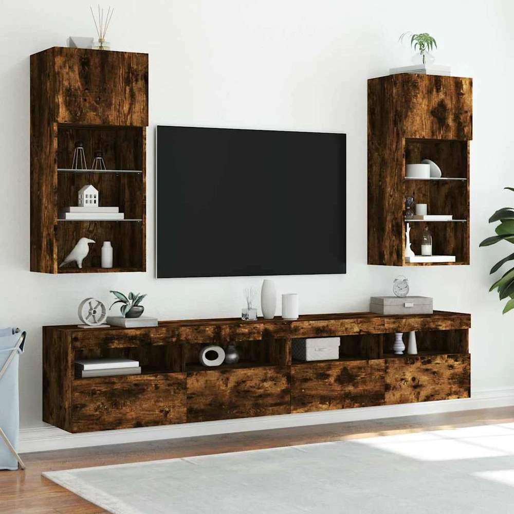 TV staliukas TV spintelės su LED, 2vnt., dūminio ąžuolo, 40,5x30x90cm