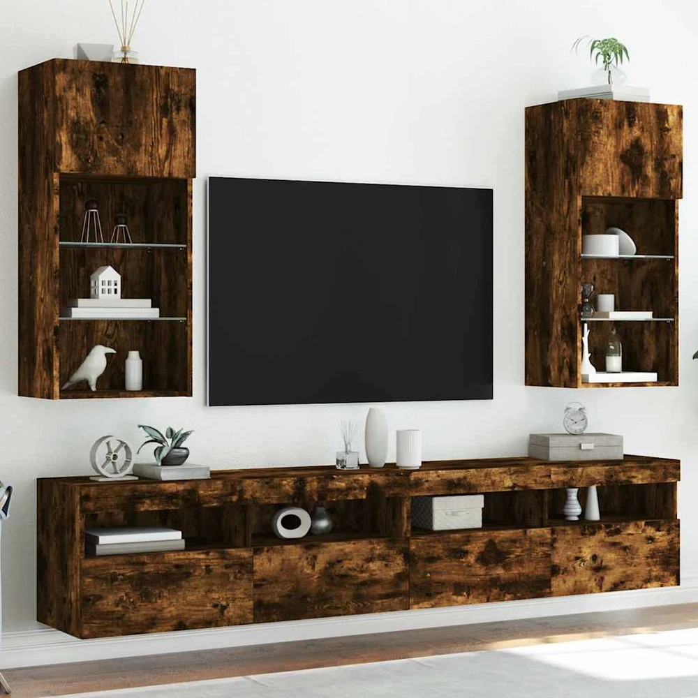 TV staliukas TV spintelės su LED, 2vnt., dūminio ąžuolo, 40,5x30x90cm