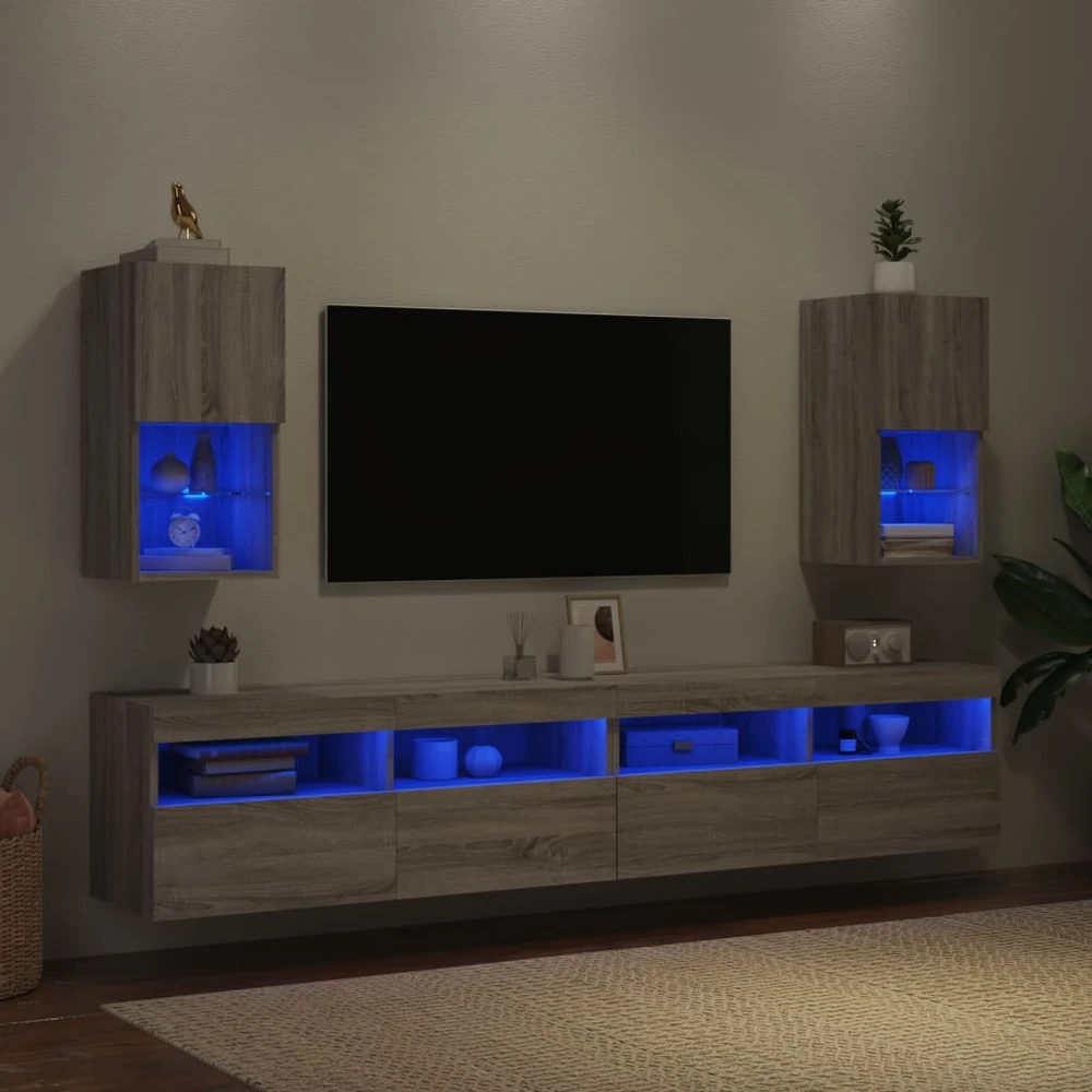 TV staliukas TV spintelės su LED, 2vnt., pilkos ąžuolo, 30,5x30x60cm