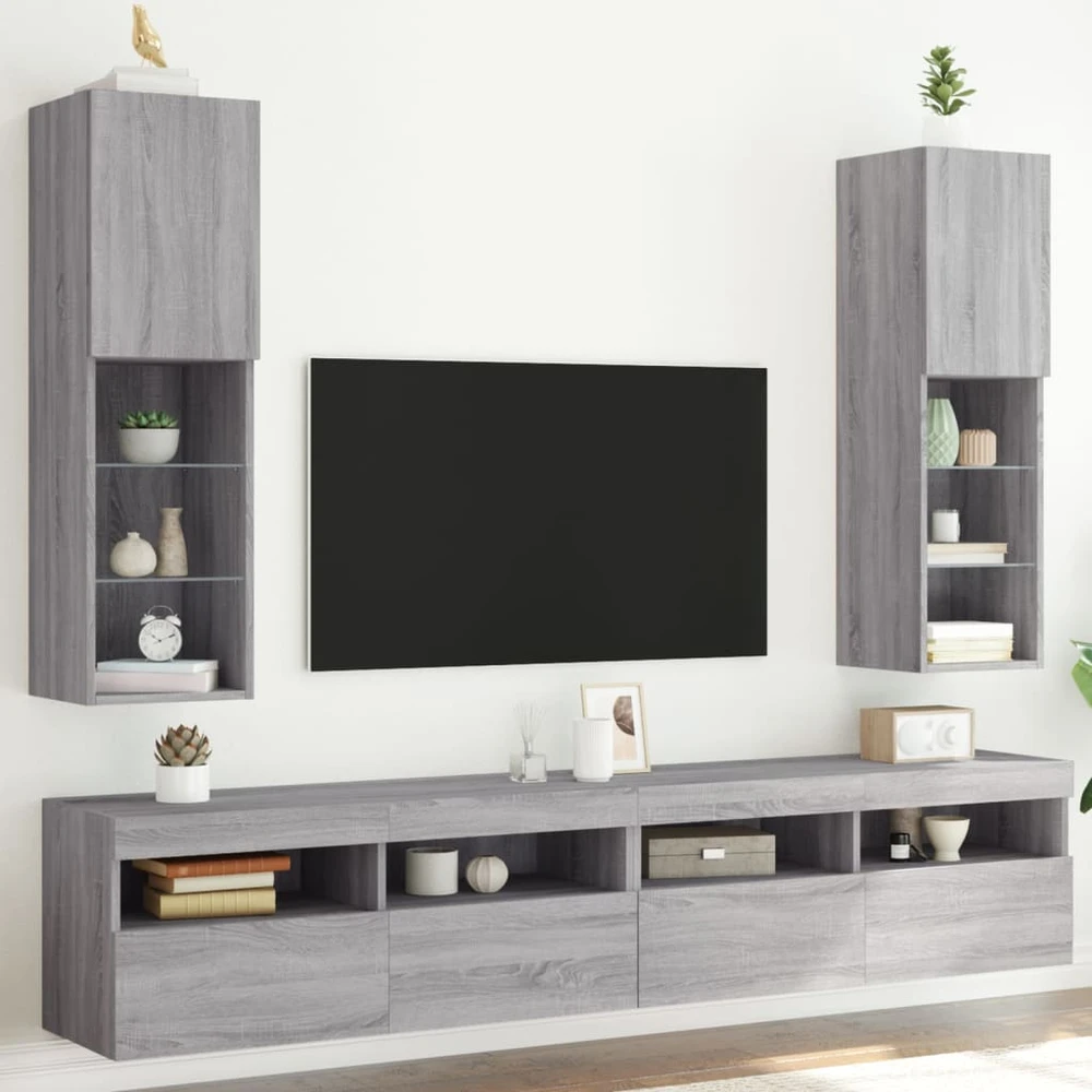 TV staliukas TV spintelės su LED, 2vnt., pilkos ąžuolo, 30,5x30x102cm
