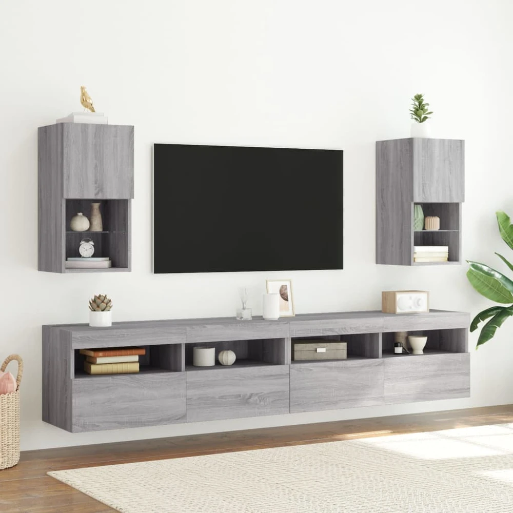 TV staliukas TV spintelės su LED, 2vnt., pilkos ąžuolo, 30,5x30x60cm