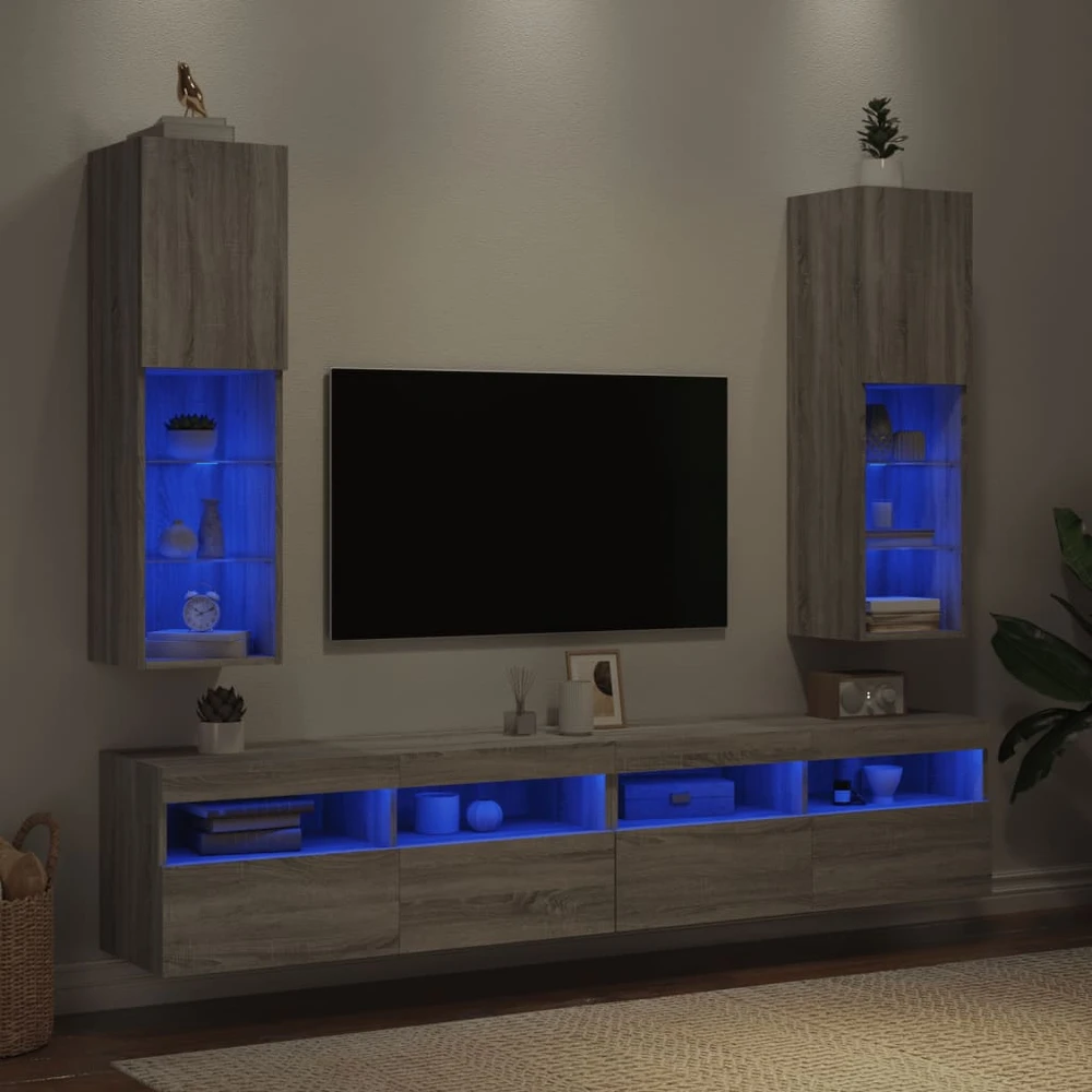 TV staliukas TV spintelės su LED, 2vnt., pilkos ąžuolo, 30,5x30x102cm