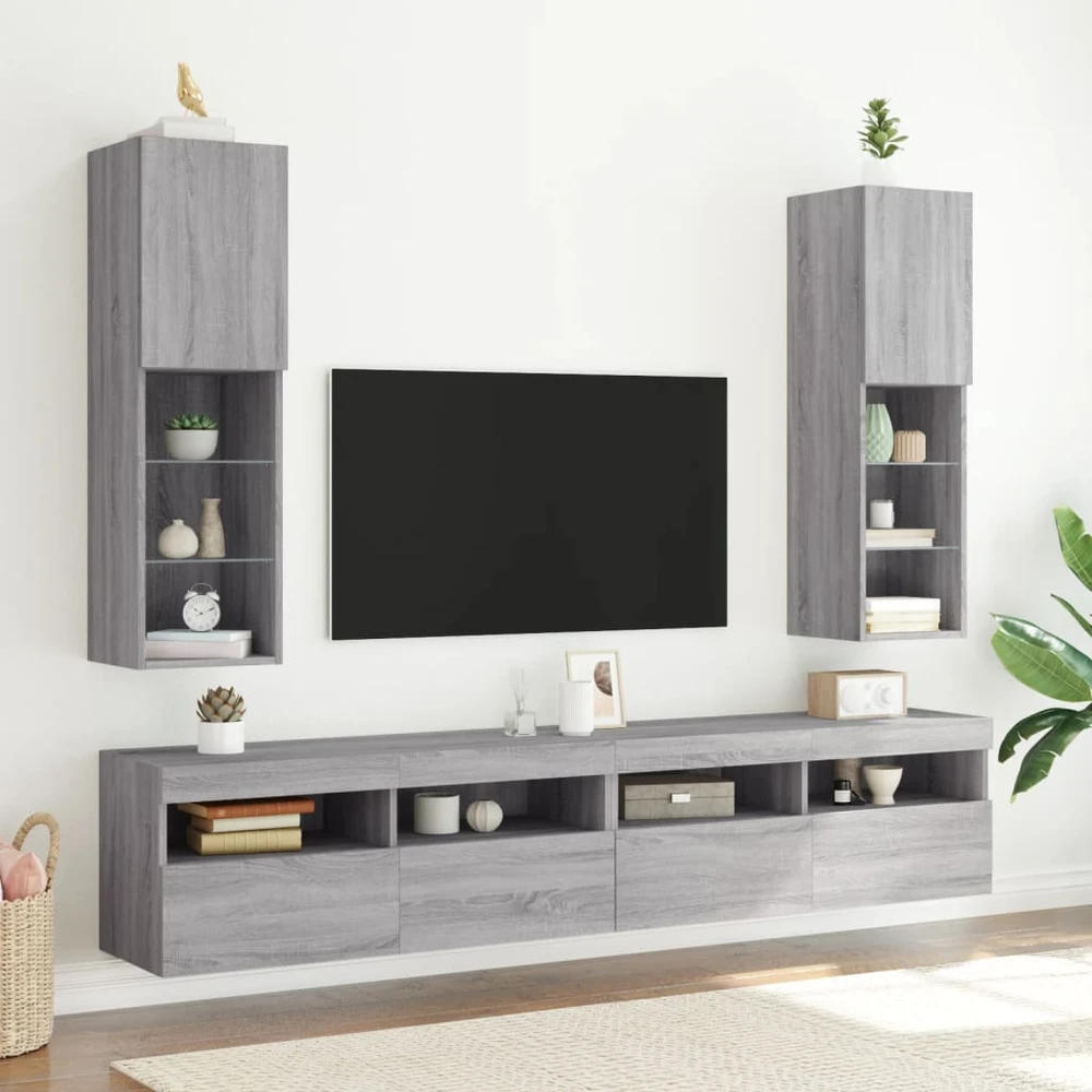 TV staliukas TV spintelės su LED, 2vnt., pilkos ąžuolo, 30,5x30x102cm