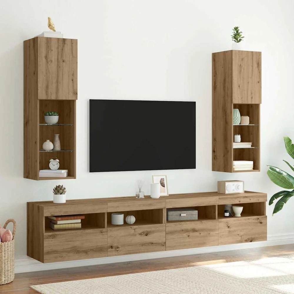 TV staliukas TV spintelės su LED, 2vnt., rudos ąžuolo, 30,5x30x102cm