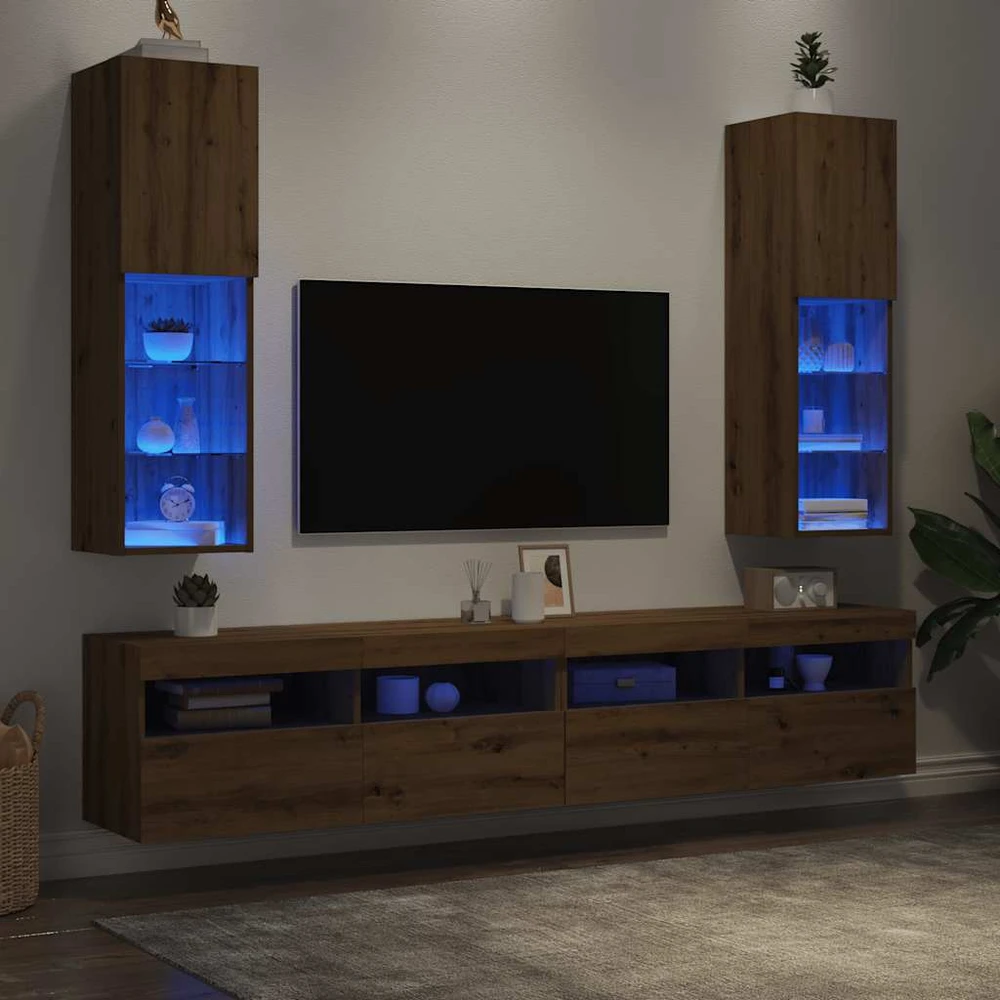 TV staliukas TV spintelės su LED, 2vnt., rudos ąžuolo, 30,5x30x102cm