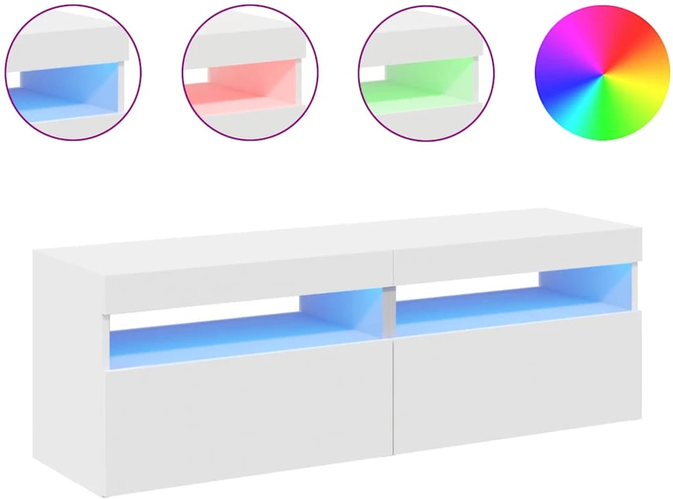 TV staliukas TV spintelės su LED apšvietimu, 2vnt., baltos, 60x35x40cm