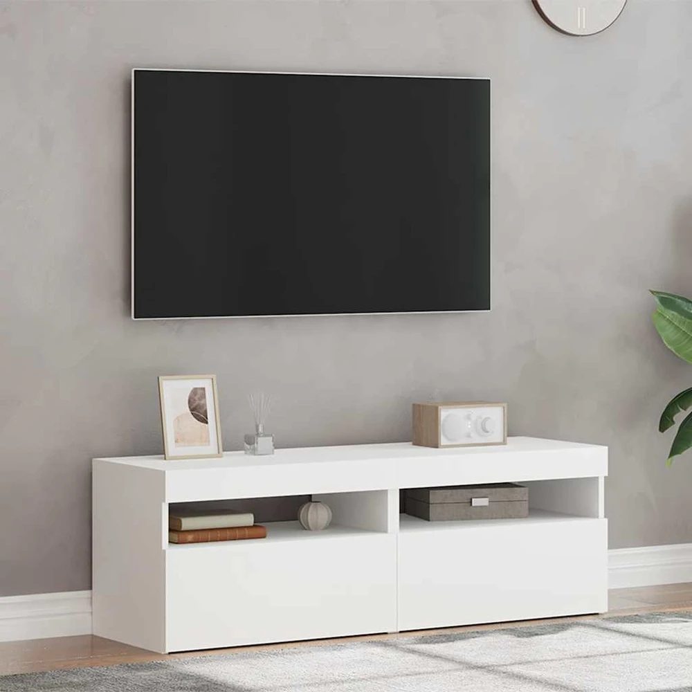 TV staliukas TV spintelės su LED apšvietimu, 2vnt., baltos, 60x35x40cm
